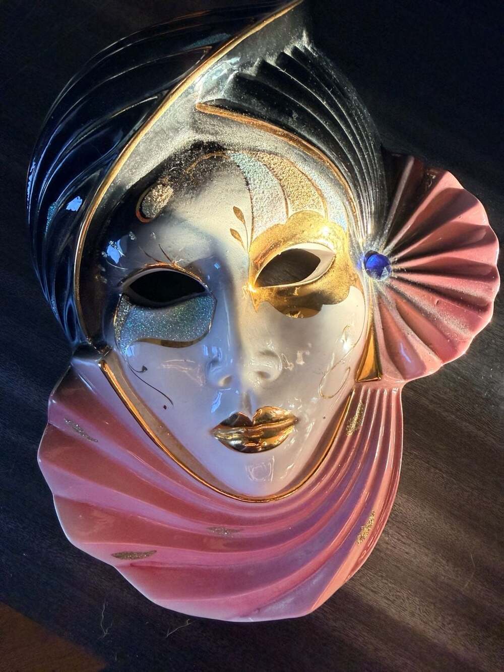 Vintage Italian Hand Painted Ceramic Wall Mask with Gold Accents and Blue Jewel